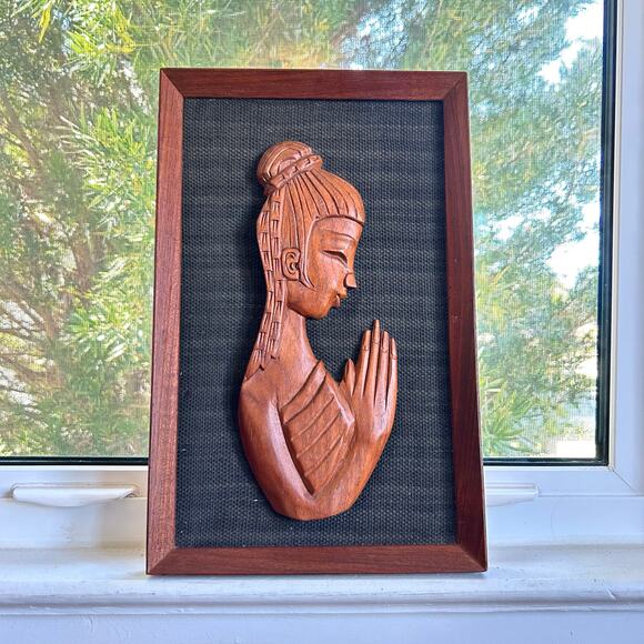 Vintage Hand-Carved Teak Woman Praying Buddha Wall Art, Prayer Pose Relief Panel - Picture 6 of 15